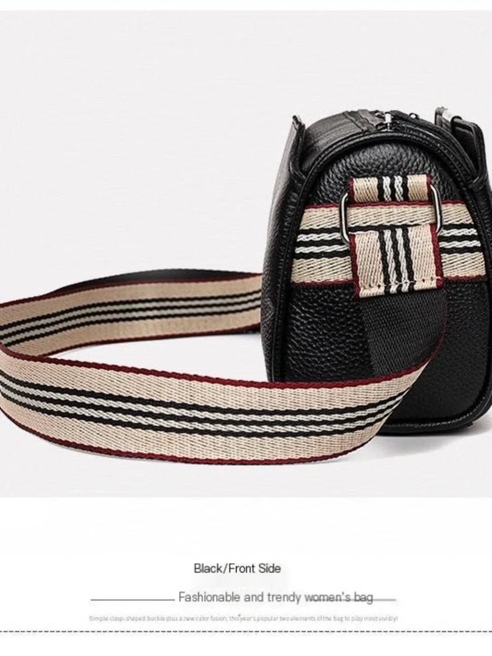 Off White Genuine Leather Crossbody Bag with Striped Strap